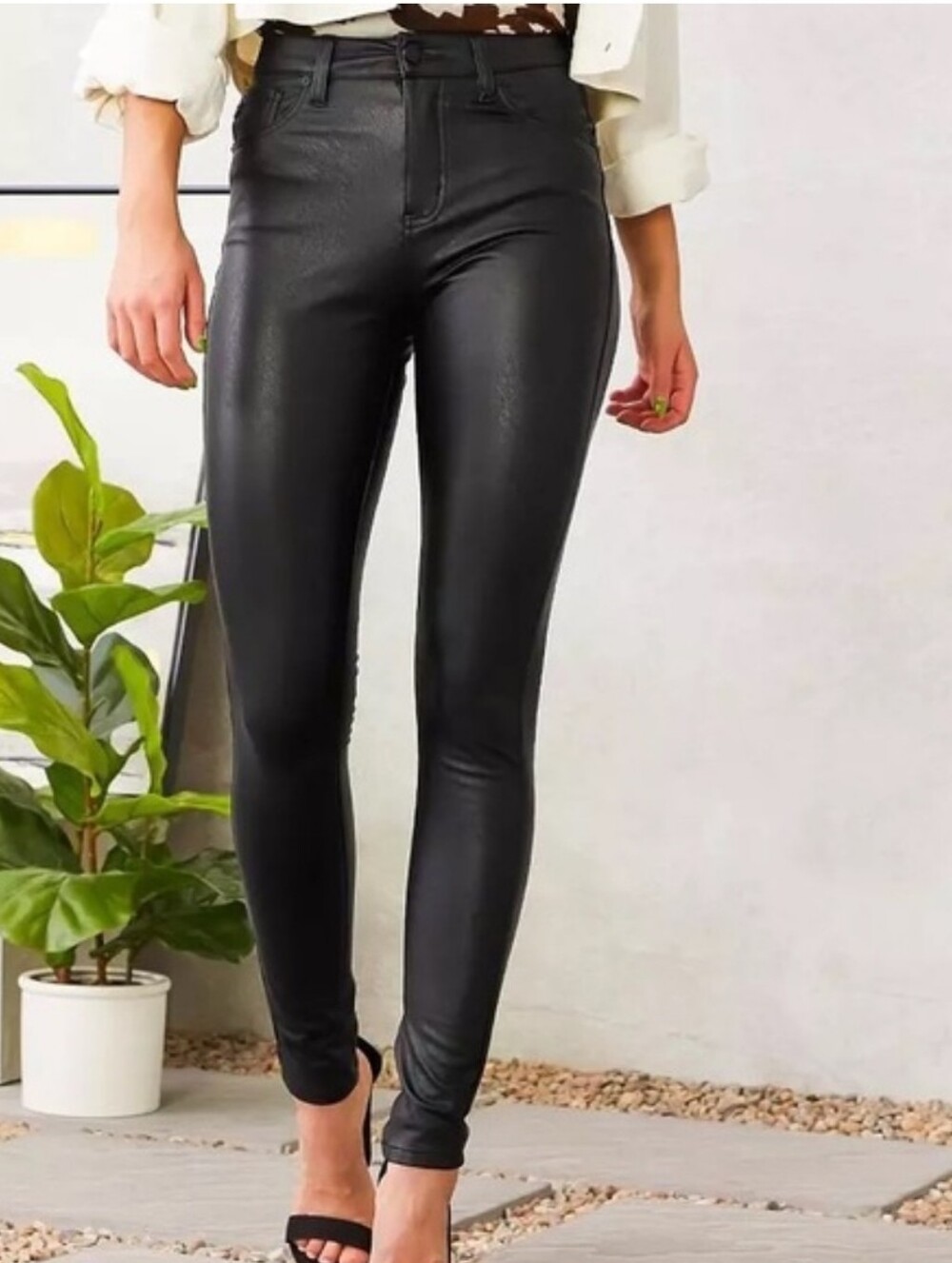 Karen Faux Leather Skinny Pants with Metal Logo Tab